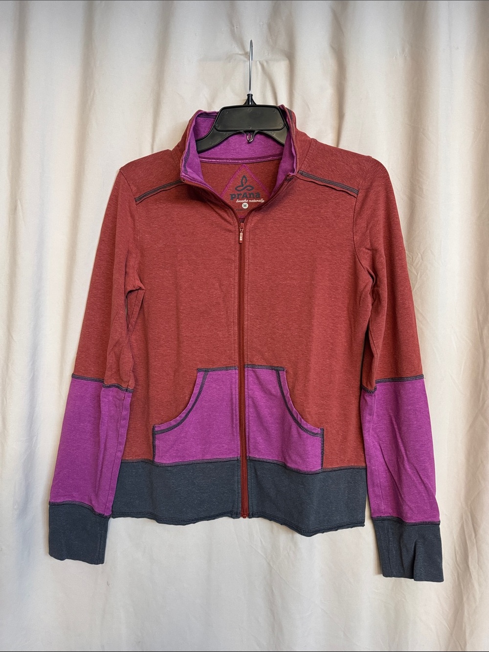 Prana Colorblock Fully Zip Bomber Jacket, Size M, Color Brick Red/Pink/Charcoal